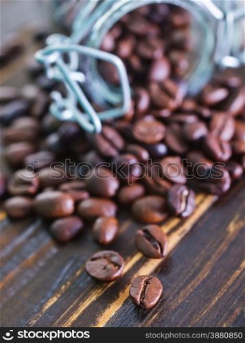 coffee beans in bank and on the wooden table