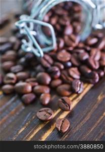 coffee beans in bank and on the wooden table