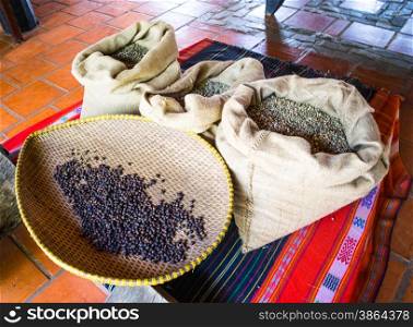 coffee beans in coffee bag made from burlap