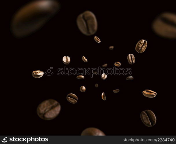 Coffee beans in flight on a dark background.. Coffee beans in flight on a dark background