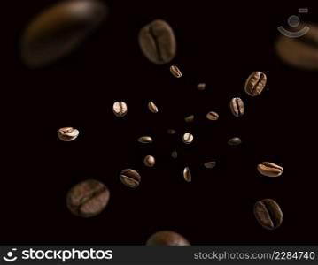 Coffee beans in flight on a dark background.. Coffee beans in flight on a dark background