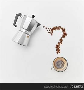 Coffee beans in the shape of question marks, a cup of strong coffee and a metal coffee maker on a gray background with space for text. Flat lay. A cup of coffee, metal coffee maker and coffee beans in the shape of a question mark on a gray background with space for text. Flat lay