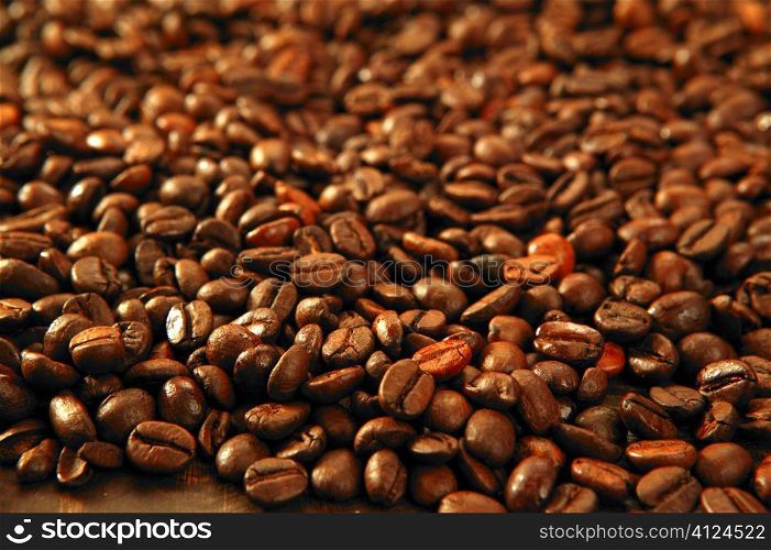 Coffee beans in warm golden brown pattern background texture