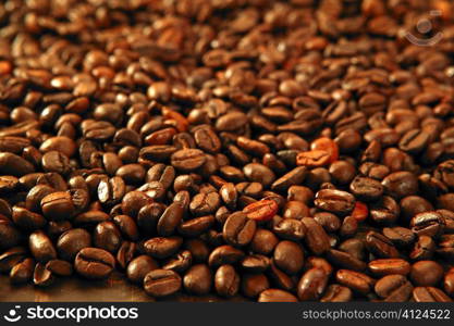 Coffee beans in warm golden brown pattern background texture