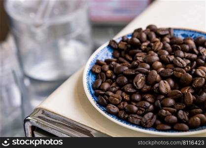 coffee beans on dish in cafe restaurant