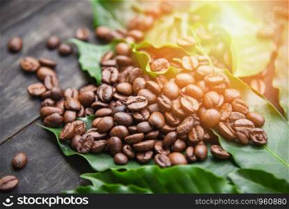 coffee beans on leaf / Roasted coffee on dark wooden table background in the morning - selective focus