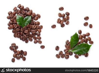 Coffee beans with leaves isolated on white background. Top view, flat lay. Coffee Beans With Leaves Isolated On White