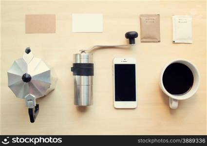 Coffee branding identity mockup set with retro filter effect