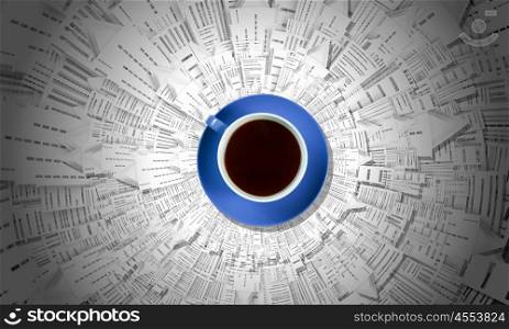 Coffee break. Conceptual image of cup of coffee and modern city concept