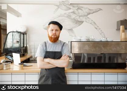 Coffee Business owner Concept - Portrait of happy young bearded caucasian barista in apron with confident looking at camera in coffee shop counter.