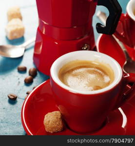 Coffee composition on blue rustic background