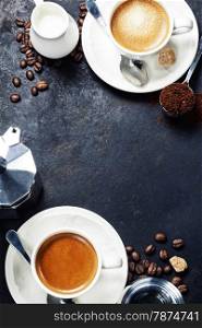Coffee composition on dark rustic background. Coffee frame