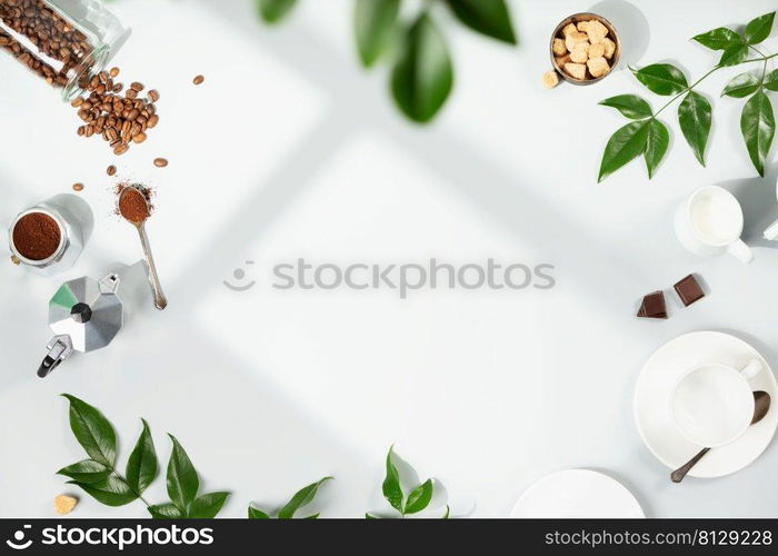 Coffee composition on light grey background, window shadow and green branches, flat lay, top view, copy space