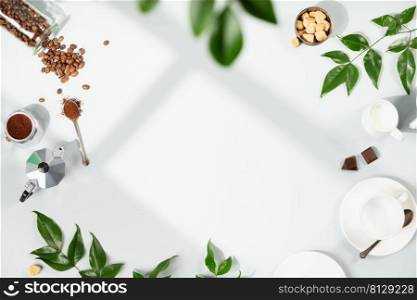 Coffee composition on light grey background, window shadow and green branches, flat lay, top view, copy space