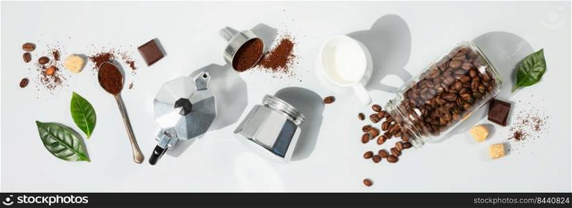 Coffee composition on light grey background with coffee arabica leaves, flat lay, banner