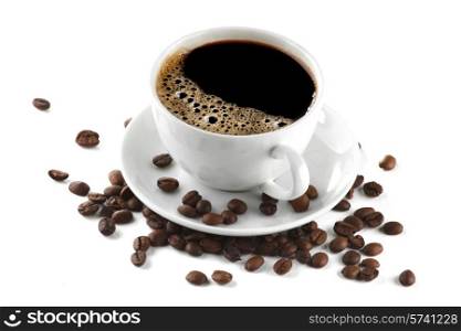 Coffee cup and beans isolated on white background. Coffee cup and beans