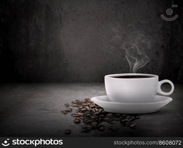 Coffee cup and beans on old Cement floor. copy space for your text