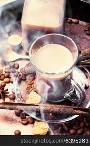 Coffee cup and beans on old copper background. Hot coffee cup with coffee beans