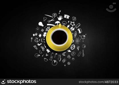 Coffee cup and business strategy sketches on black background. Coffee break