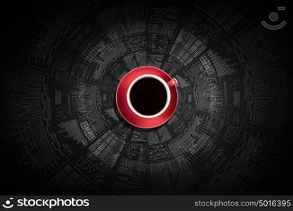 Coffee cup and business strategy sketches on black background. Coffee break