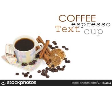 Coffee cup and grain on white background