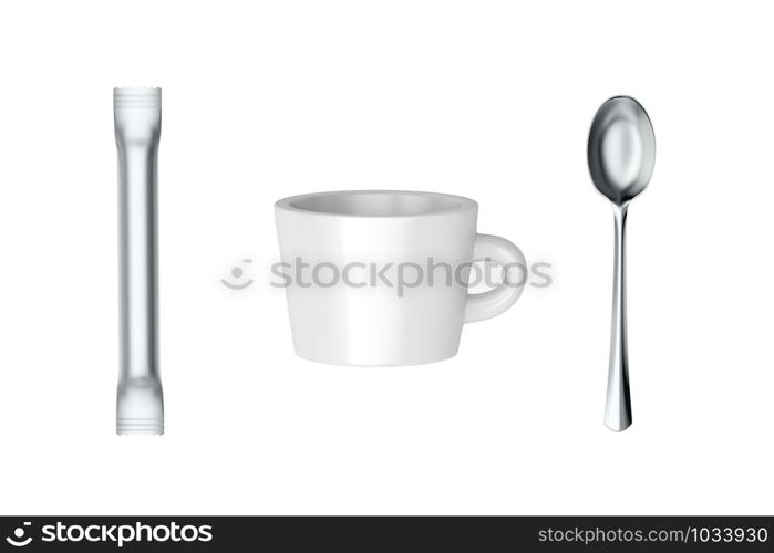 Coffee cup and sachet with sugar or creamer and silver spoon, isolated on white background