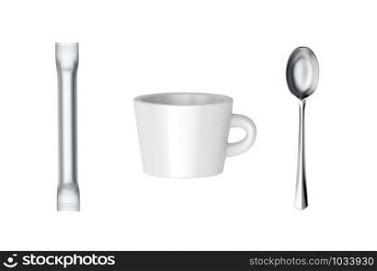 Coffee cup and sachet with sugar or creamer and silver spoon, isolated on white background