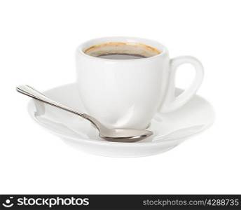 Coffee cup and saucer with a spoon isolated on a white background