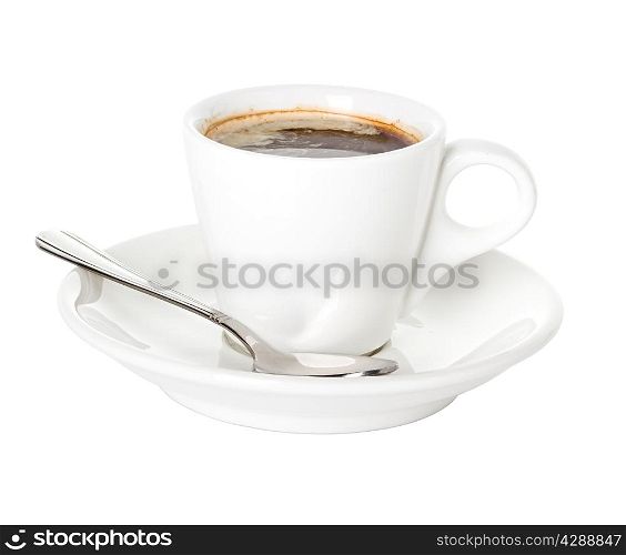 Coffee cup and saucer with a spoon isolated on a white background