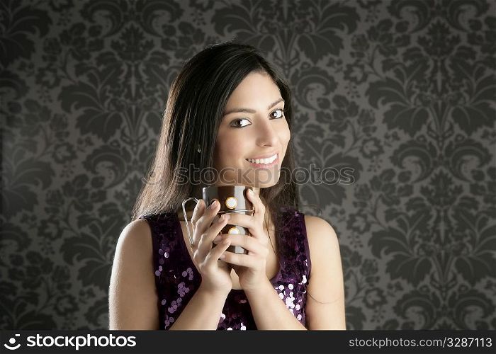 coffee cup brunette beautiful woman retro portrait gray wallpaper