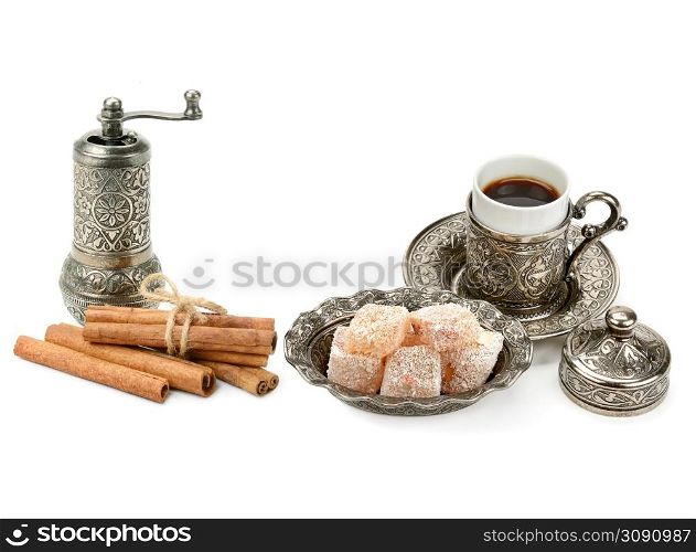 Coffee cup, grinder and sweets isolated on white background. Collage.