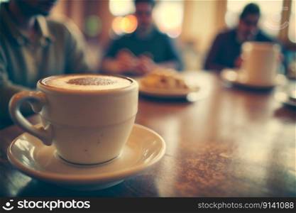 Coffee cup on the table with blurred coffee shop in the background, created with generative AI