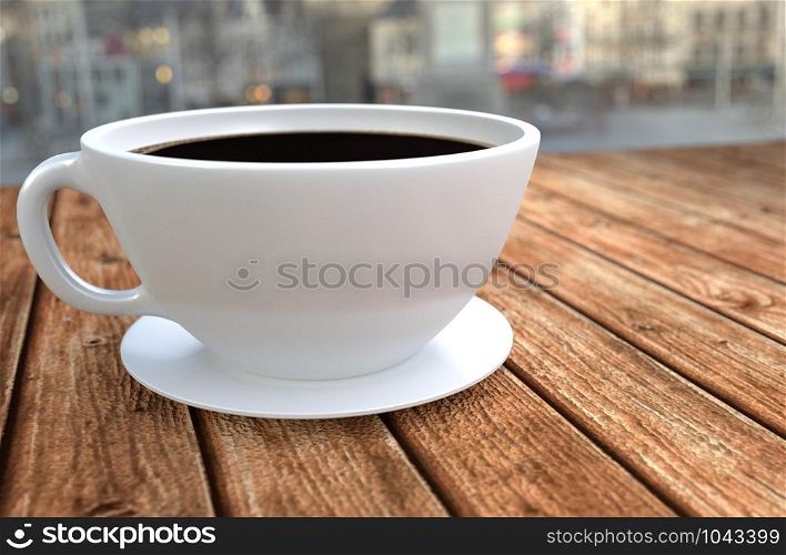 Coffee cup on wooden table. 3D rendering