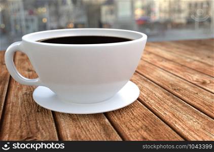 Coffee cup on wooden table. 3D rendering