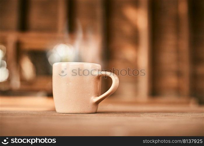 Coffee cup on wooden table. 