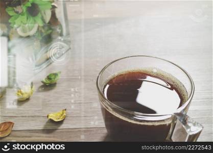 Coffee cup or tea ,glass vase dry flower herbs, on wooden table,filter effect,close up,icon screen  