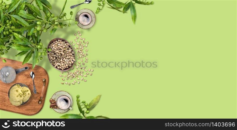 Coffee cup, snacks and dessert on green background with copy space, Flat layout design, 3d rendering