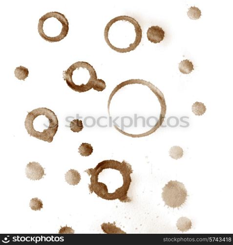 Coffee cup stains and drops marks on white background. Coffee cup stains