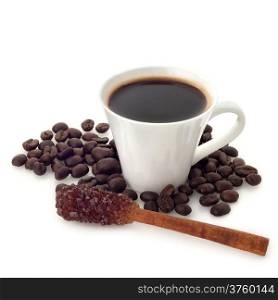 Coffee cup with beans and sugar cinnamon stick on white background