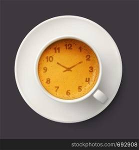 Coffee cup with clock cream foam. 3d illustration. Coffee cup with cream foam