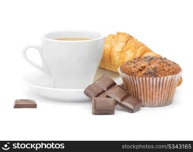 Coffee cup with croissant and chocolate