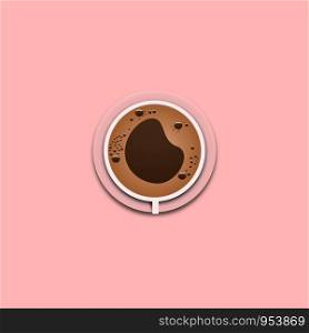 Coffee cup with froth top view for design poster on pink background. vector illustration.