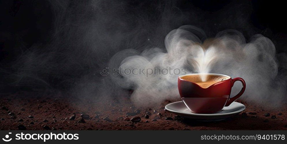 Coffee cup with steam on a dark background with copy space