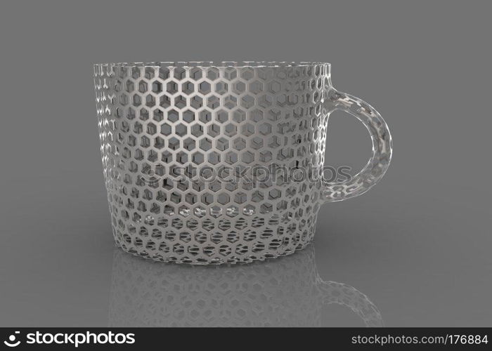 Coffee decorative mug 3D render on gray background.. Coffee decorative mug 3D