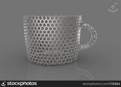 Coffee decorative mug 3D render on gray background.. Coffee decorative mug 3D