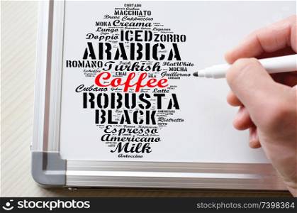 Coffee drinks words cloud collage over whiteboard background