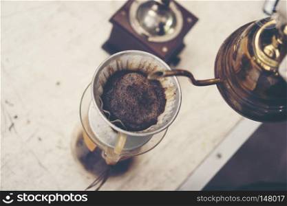 coffee drip process, vintage filter image, slow bar