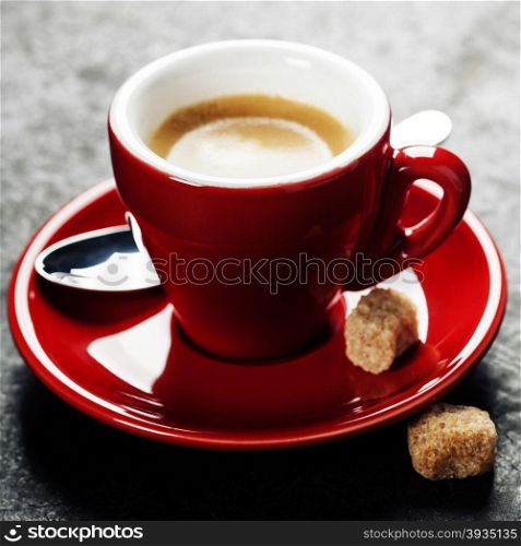 Coffee Espresso. Red Cup Of Coffee on dark background