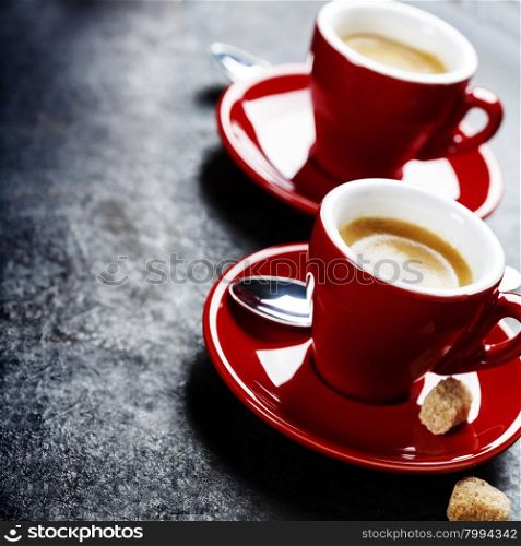 Coffee Espresso. Red Cups Of Coffee on dark background