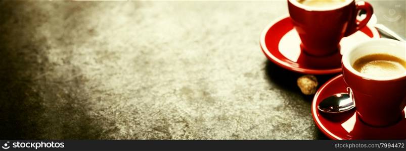 Coffee Espresso. Red Cups Of Coffee on dark background